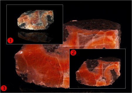 achát Kvetnica: 1. surová vzorka, 2. vyleštená vzorka, 3. detail